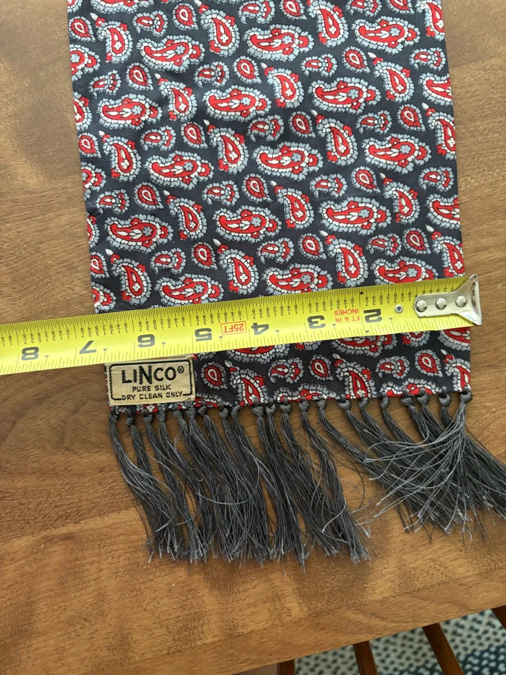 Vintage LINCO Red & Gray Paisley pure Silk Opera Scarf with Fringe